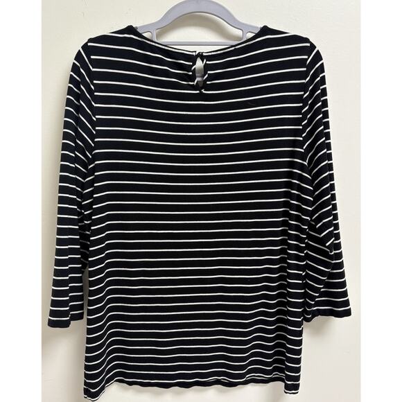 Talbots Stripe Top L Black White Stretch 3/4 Sleeve - Picture 2 of 5